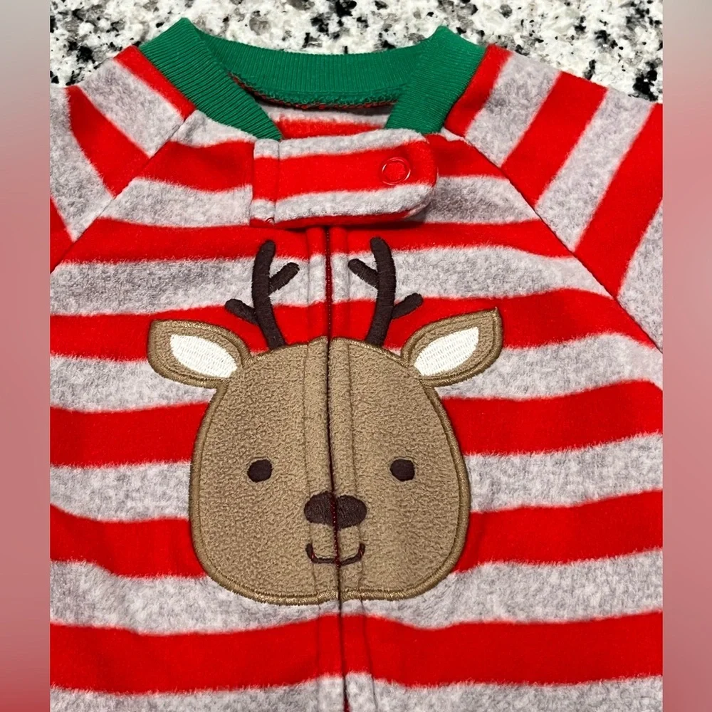 Carters Red & Gray Striped Christmas Reindeer Baby Fleece One-Piece, Newborn